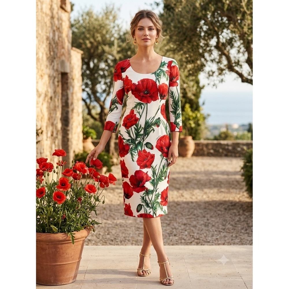 Dolce & Gabbana Red Poppy Floral Silk Sheath Dress White‎ Midi IT 44
